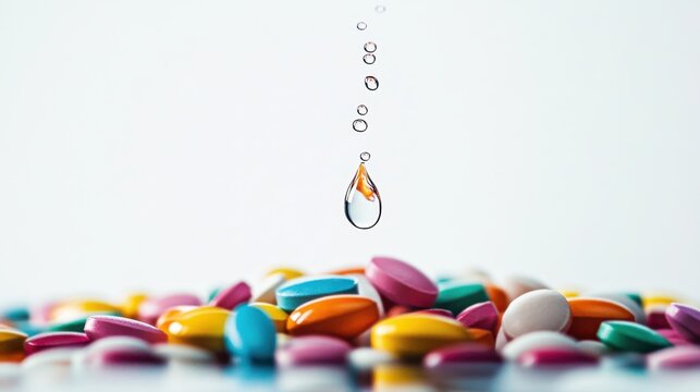 Vibrant colored pills with a drop of water falling above them during a bright, clear day