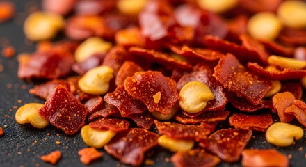 Close-up of vibrant red crushed chili flakes and seeds, a popular spice for adding heat and flavor to various dishes.