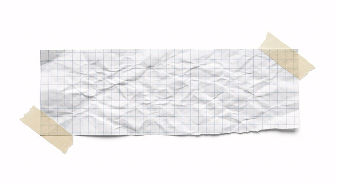 Crumpled graph paper note with grid lines taped to a white background