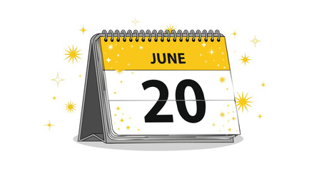 Illustrative Desk Calendar Displaying June 20th with Sparkles on a White Background that signifies the yearly celebration of world refugee day