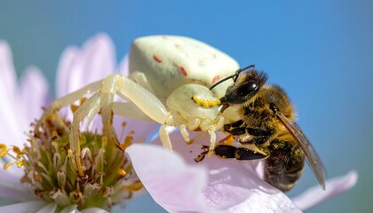 Close-up macro shot of crab spider preying on a bee