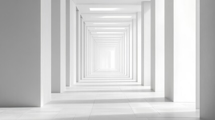 Fototapeta premium Modern white corridor with endless perspective showcasing clean architectural design and bright lighting