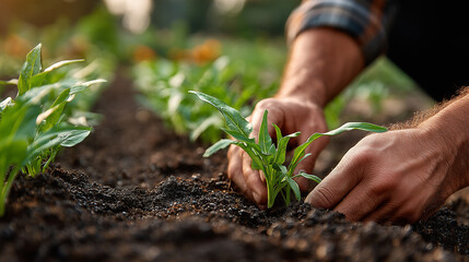 Close-up of farmer’s hands planting young seedlings in rich soil, symbolizing growth, sustainability, and care for the environment