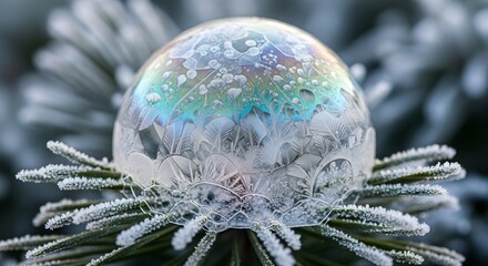 Frozen soap bubble with intricate ice crystals on a frosted pine branch