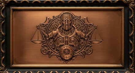 Intricate steampunk robotic figure holding scales of justice within a decorative metallic frame