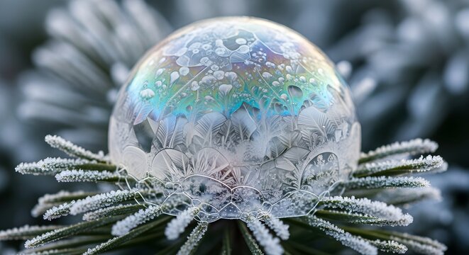 Frozen soap bubble with intricate ice crystals on a frosted pine branch