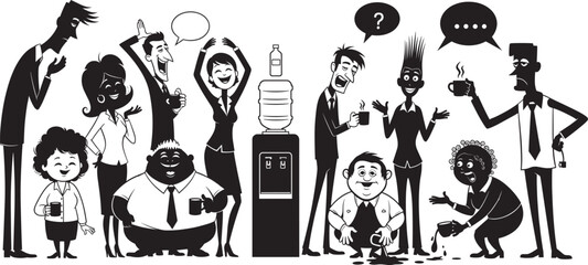 Obraz premium Cartoon office water cooler scene, coworkers talking, drinking, reacting, spilling, cleaning, social interaction, workplace humor, casual break, expressive characters, fun moment