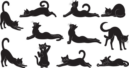 Cat silhouette yoga poses, stretching, relaxing, playful movement, feline flexibility, balance, mindfulness, cartoon style, pet exercise, black shape, wellness, humor, charm © Rahul Creatives