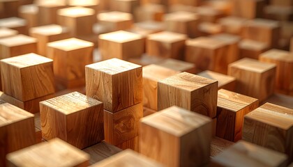Close-up shot of numerous wooden cubes arranged in a pattern