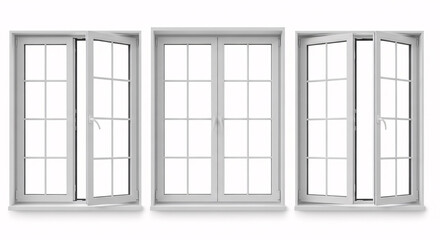 Three white casement windows with a grid pattern, isolated on white background