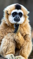 Obraz premium Close-up view of a golden-furred, thoughtful primate