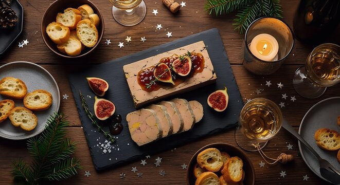 Elegant foie gras terrine served with fresh figs, fig jam, toasted baguette slices, and white wine. Perfect for holiday celebrations and gourmet dining.