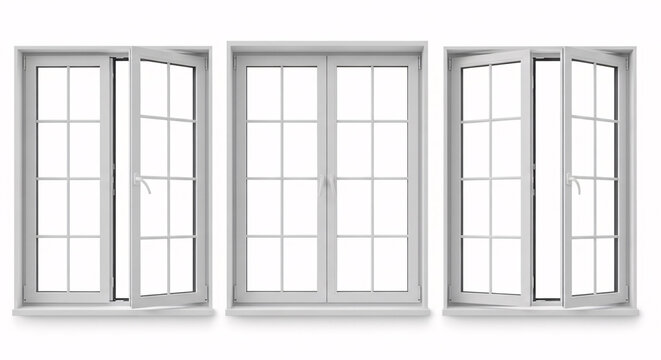 Three white casement windows with a grid pattern, isolated on white background