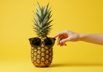 Tropical fruit wearing dark eyewear is adjusted by a light-skinned hand against a bright background