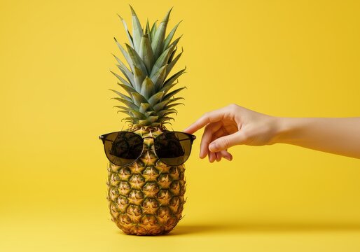 Tropical fruit wearing dark eyewear is adjusted by a light-skinned hand against a bright background