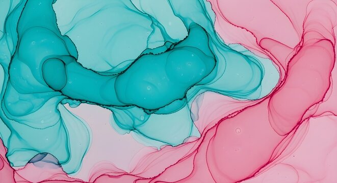 Elegant ink flow abstract background with turquoise and pink watercolor, great for banners, wallpapers, website elements and artistic projects.