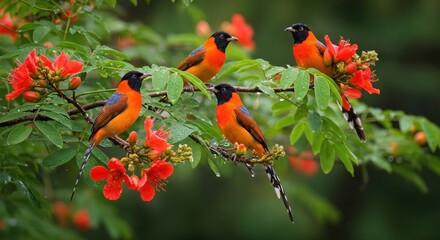 Vibrant Orange and Black Birds Perched on Red Blossoms in Nature