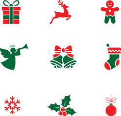 Vector Collection of Traditional Red and Green Christmas Holiday Icons and Symbols