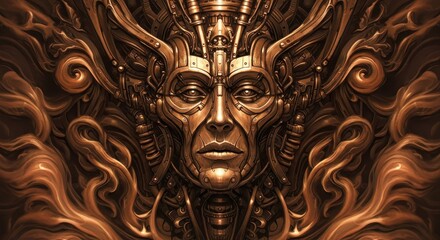 Intricate bronze colored mechanical face emerges from swirling organic forms