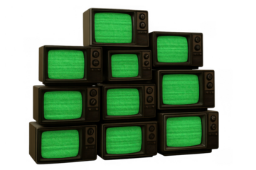 Stack of vintage cathode ray tube televisions with green screens showing static, a concept of old technology and broadcasting