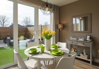 Contemporary dining area features bright yellow floral centerpiece adjacent to glass doors leading to an outdoor patio space