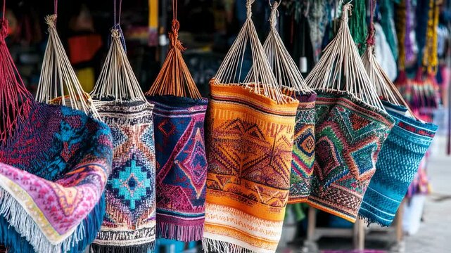 Colorful Textile Hammock Display at Outdoor Market, vibrant handmade craft presentation