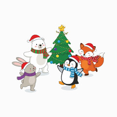 Cute cartoon animals wearing santa hats and scarves celebrating christmas around a decorated tree, isolated on white background