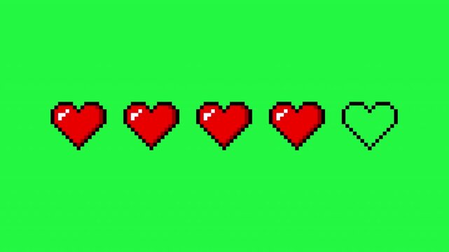 Animation of pixel game life bar on green screen background. Vector art 8 bit health heart bar, symbols set. Game over concept. 4k animation video