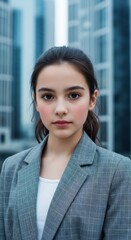 Fototapeta premium Young woman in a business suit poses confidently in a modern urban setting with skyscrapers in the background