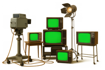 Vintage broadcast studio setup with retro television monitors showing green screens and an old camera on a transparent background