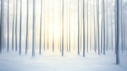 Sunlight filters through foggy forest trees during a serene winter morning in a snowy landscape