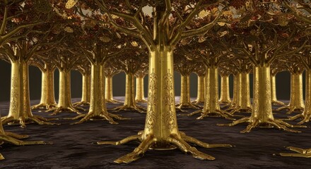 Numerous highly detailed trees with golden trunks and branches stand in a dark, textured landscape