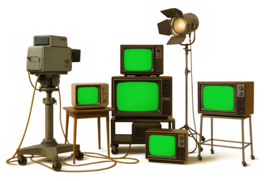 Vintage broadcast studio setup with retro television monitors showing green screens and an old camera on a transparent background