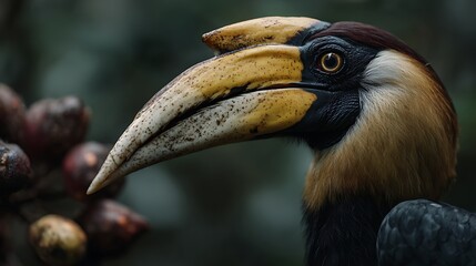 Close up of a hornbill bird with a yellow beak and brown feathers in a natural setting outdoors