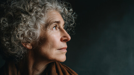 Portrait of an elderly woman with gray curly hair looking thoughtful. Concept of aging, contemplation, wisdom, loneliness, and life experience.