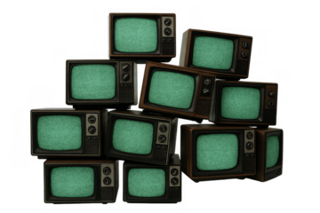 Stack of old analog televisions with green static screens showing obsolete technology and vintage media on transparent background