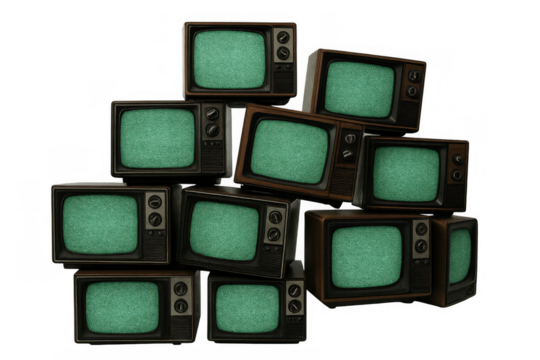 Stack of old analog televisions with green static screens showing obsolete technology and vintage media on transparent background