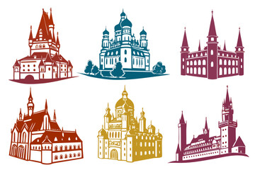 Naklejka premium set of Castle and Palace Silhouette vector illustration isolated on White Background