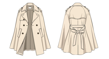 Sophisticated trench coat illustration showcasing front and back design details with flowing silhouette and belted waistline design