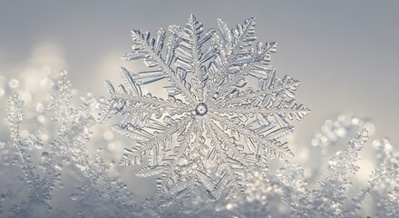 Extreme close-up of a perfect, intricate ice crystal snowflake on a soft, blurry winter background.