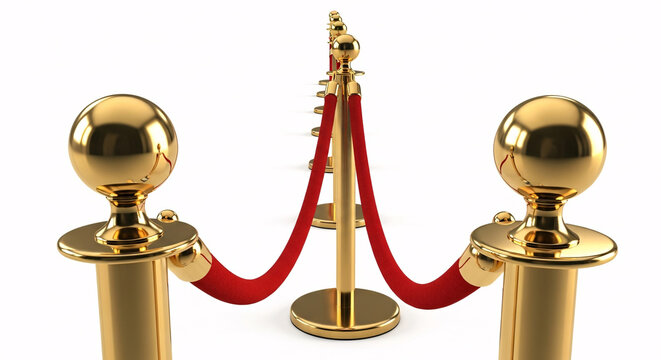 Golden stanchions with red rope barrier isolated on white background