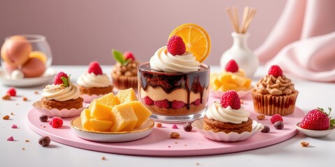 3D render of a futuristic dessert presentation showcasing the brand's story, creation process, and marketing driven selection with signature identity