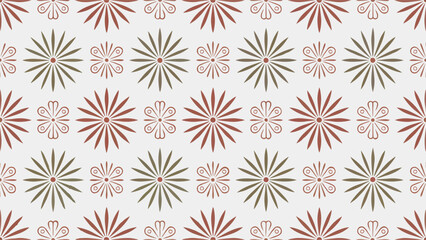 Intricate seamless pattern featuring alternating sunburst and floral motifs in muted red and green tones