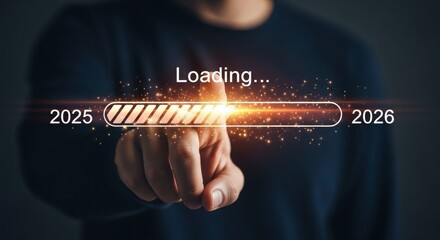Hand pointing at progress bar loading 2026. Concept of future and technology. businessman pressing virtual button on a virtual screen