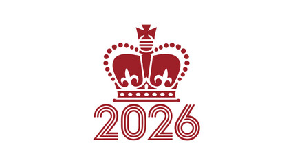 A marooncolored emblem featuring a crown atop the number 2026, , symbolizing a specific year or event with a regal and celebratory design element