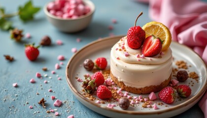 A creative still life photo representing dessert creation and presentation within a story of marketing, selection, and signature beauty