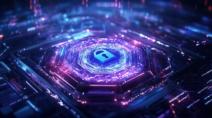 Glowing padlock icon in futuristic digital environment at night