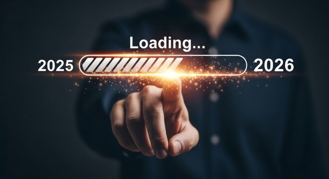 Hand pointing at progress bar loading 2026. Concept of future and technology. businessman pressing virtual button on a virtual screen