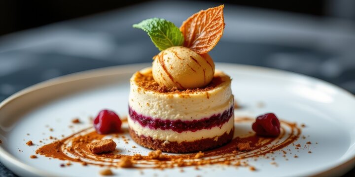 A signature dessert presented in an avant garde style, merging creation artistry, selection elegance, marketing flair, and storytelling charm