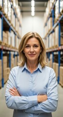 Fototapeta premium Woman stands confidently in a warehouse with shelves full of boxes during daytime